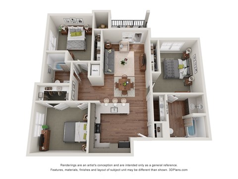 Floor plan for 3 beds, 2 baths, 1190 sqft